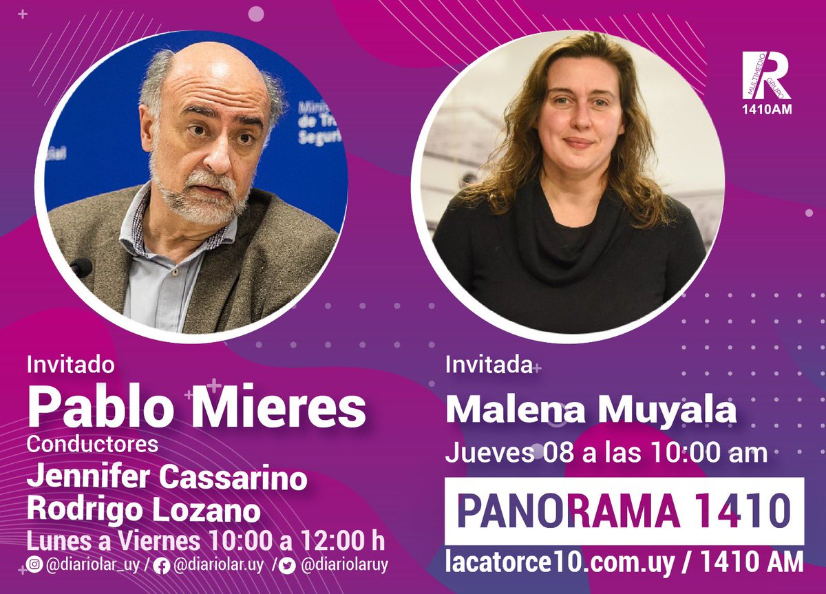 directorgrupor's tweet photo. Jueves 08, Radio la R 1410 AM Panorama 1410, con la conducción de Jennifer Cassarino y Rodrigo Lozano. 
entrevista a @Pablo_Mieres y @MalenaMuyala

🎙️ Panorama 1410 
⏰ Lunes a Viernes | 10 a 12 m
📻 Radio La R 1410 AM 
🔗https://t.co/SyRVNh9tGx https://t.co/p8ENg2FpiG