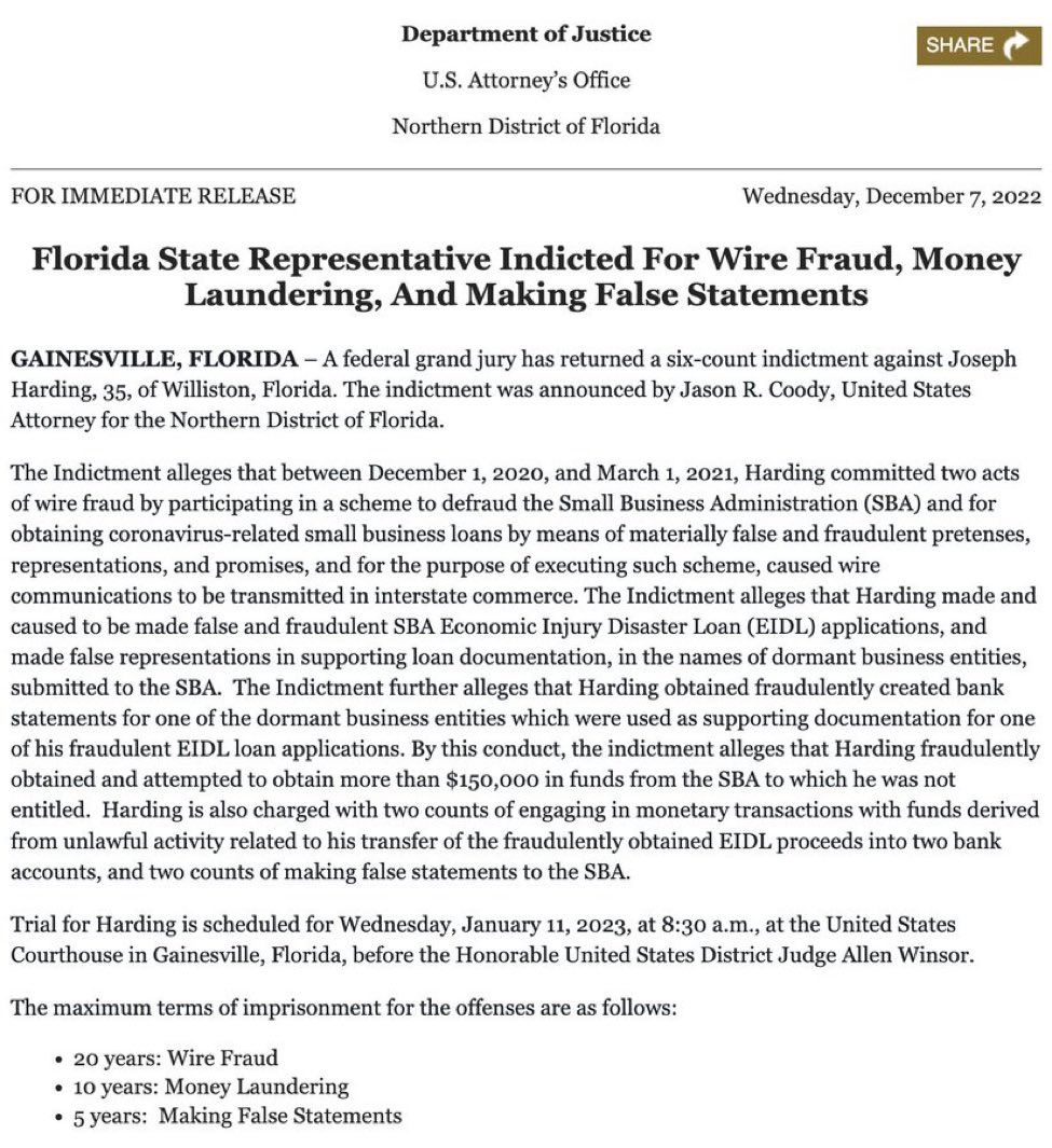 d25481201's tweet photo. #StudentsTweetPolitics  Joseph
Harding who introduced the
'Don't Say Gay' bill, has been criminally indicted by the Justice Department lmao https://t.co/dQMNHVcapd
