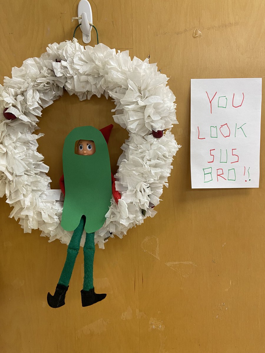 's tweet image. What our school elf, Candy Cane, has been up to, and what kind of trouble our elf at home, Jingle, has been getting up to!  #naughtyelf #elfontheshelf2022 #myfavouritetimeofyear @stjeromedpcdsb