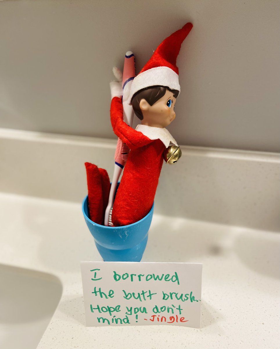 's tweet image. What our school elf, Candy Cane, has been up to, and what kind of trouble our elf at home, Jingle, has been getting up to!  #naughtyelf #elfontheshelf2022 #myfavouritetimeofyear @stjeromedpcdsb