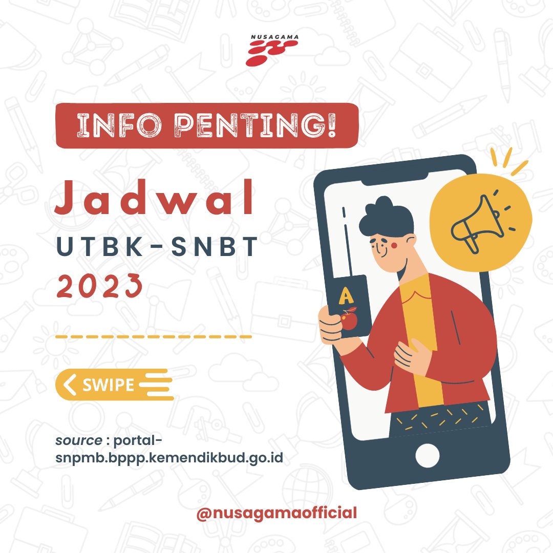 nusagama's tweet photo. ⚠️INFO PENTING⚠️
Mimin mau kasih bocoran jadwal UTBK-SNBT 2023 🤫
Persiapanmu sudah berapa persen? Nusagama siap kok membantu kamu meraih prestasi untuk masuk ke kampus impian kamu 😉
#jadwalsnbp #infosnbt #infosnbt2023 #unbk #nusagama #nusagamabimbelprivat #nusagamacollege https://t.co/CCqzvILeMI