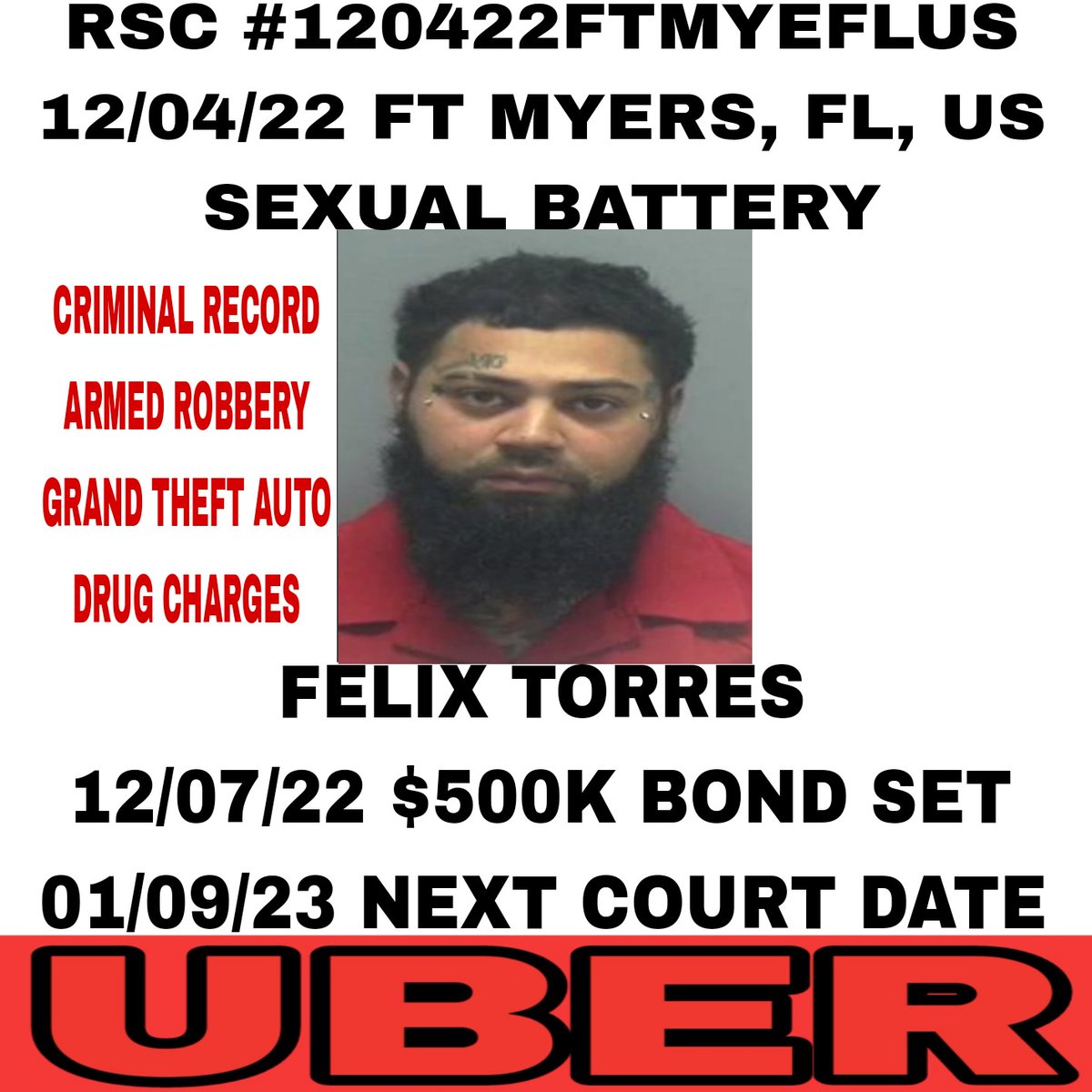 StultzThe's tweet photo. RSC #120422FTMYEFLUS
12/04/22 FT MYERS, FL, US
SEXUAL BATTERY

UBER <CONFIRMED
DRIVER: Felix Torres
37 /
Police say she was walking to a door when she was grabbed from behind and thrown and she tried to fight off her attacker.

Caught on security video.
https://t.co/ff6UvdlRhW https://t.co/oo4wJpbXUF