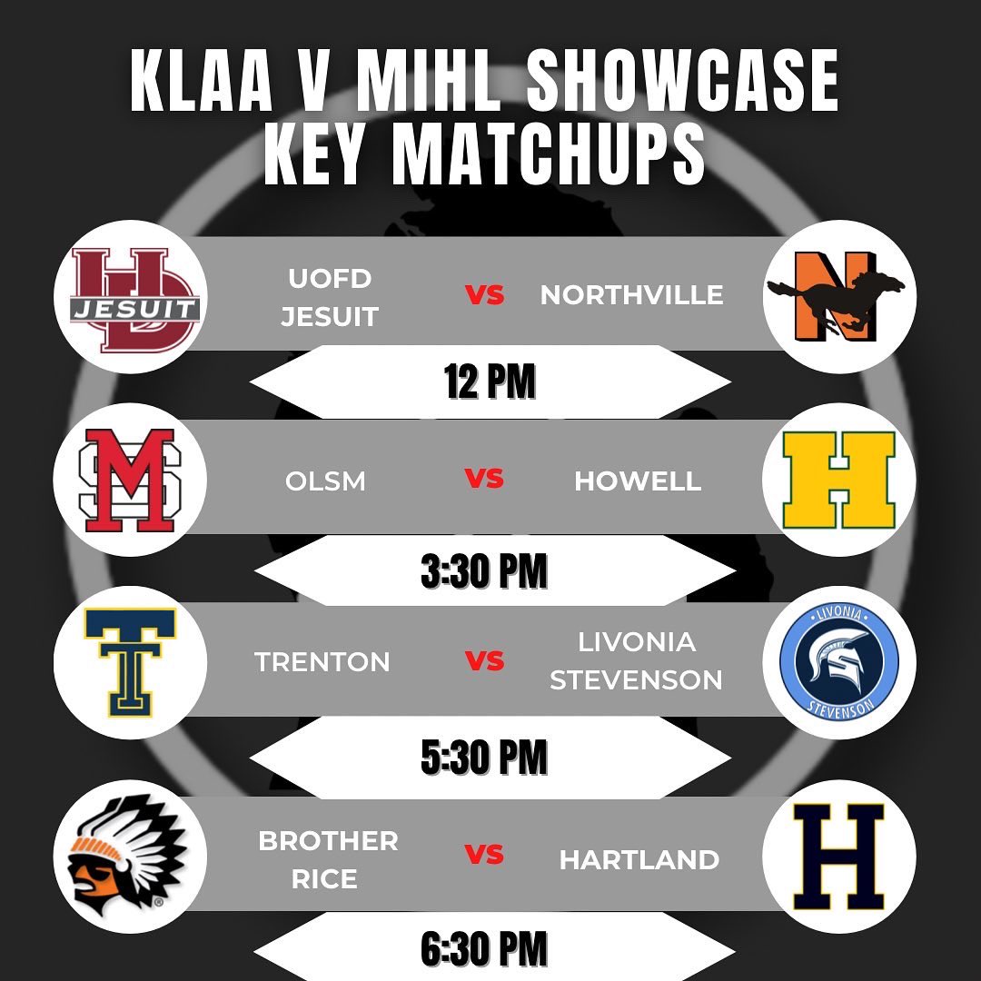 KLAA v MIHL Showcase Key Matchups
<a href="/UofDJesuit/">U of D Jesuit</a> vs <a href="/nvilleathletics/">Northville Athletics</a> 
<a href="/OLSMhockey/">St. Mary's Hockey</a> vs Howell
<a href="/TrentonHSHockey/">Trenton HS Hockey</a> vs Livonia Stevenson
<a href="/BRwarriorhockey/">Brother Rice Hockey</a> vs <a href="/HartlandHockey/">Hartland Hockey</a> 
<a href="/dcchockey/">DCC HOCKEY</a> vs <a href="/brightonhockey1/">Brighton High School Hockey</a>