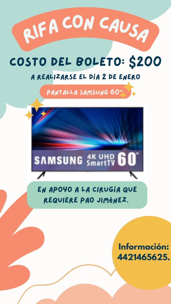 Samjimz0101's tweet photo. Mi familia y yo estamos haciendo la rifa de una TV SAMSUNG de 60pulgadas para una cirugía que se tiene que hacer mi hermana, ayúdenme poniendo su granito de arena participando y compartiendo 😁 https://t.co/PRHhANgl9e