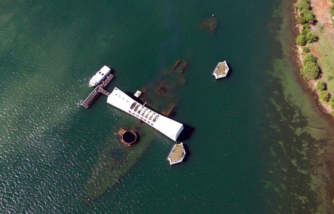 USSArizona's tweet photo. The memorial over our great ship and  the final resting place of over 1,100 of her crew. 🇺🇸#PearlHarborRemembranceDay #PearlHarbor81 https://t.co/jnjw26Tq7V