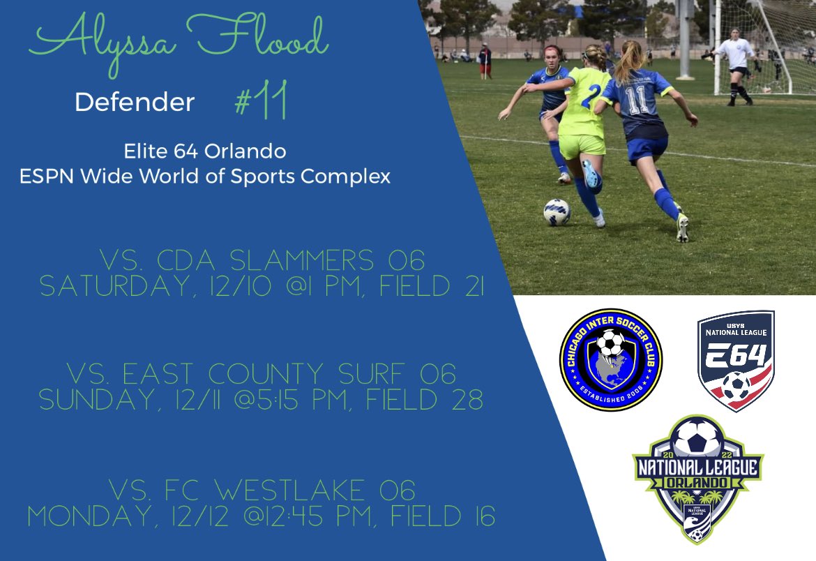 So excited for Orlando this weekend!!⚽🌴
<a href="/Inter06red/">Chicago Inter ECNL Class of 24/25</a> <a href="/chiINTER/">Chicago Inter SC</a> @ProScoreSoccer <a href="/USYouthSoccer/">US Youth Soccer</a> <a href="/NationalLeague/">National League</a>