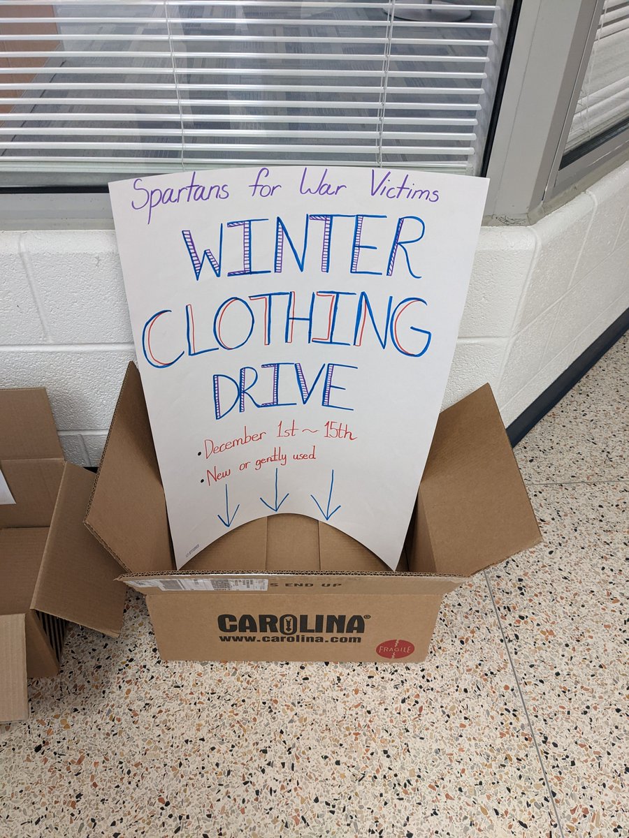 Our annual winter clothing drive will be going to Syrian refugees in the Azraq Refugee Camp in Jordan. Donation boxes are located by the main office, by room 2010, and in the career center. Donate any winter clothing by December 15th to help someone live warmly this winter! 🕊️