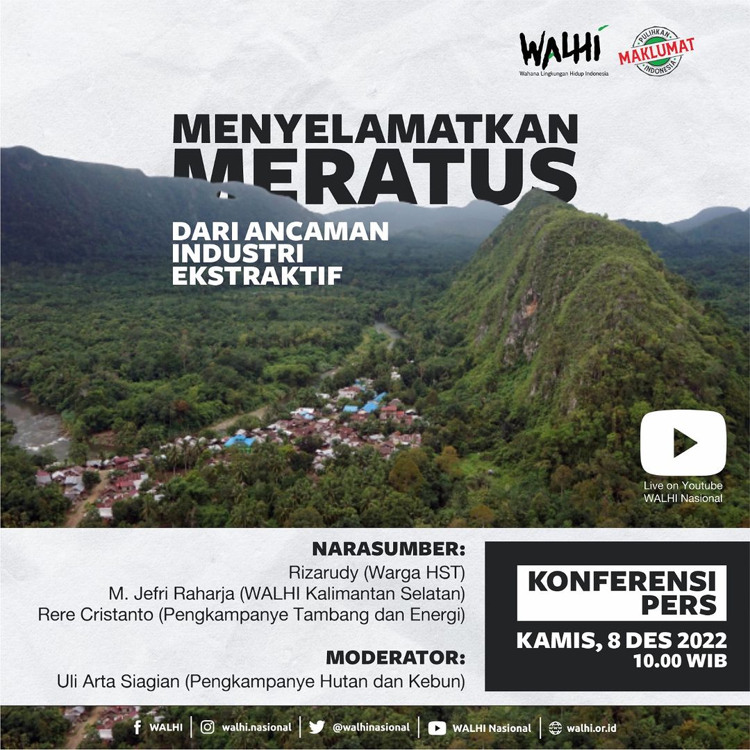 Konferensi Pers “Menyelamatkan Meratus dari Ancaman Industri Ekstraktif”

Kamis, 8 Desember 2022
Pukul 10.00 WIB akan disiarkan secara langsung melalui kanal YouTube WALHI Nasional~

youtube.com/@multimediawal…

#SaveMeratus
#PulihkanIndonesia
Reposted from <a href="/walhinasional/">WALHI</a>