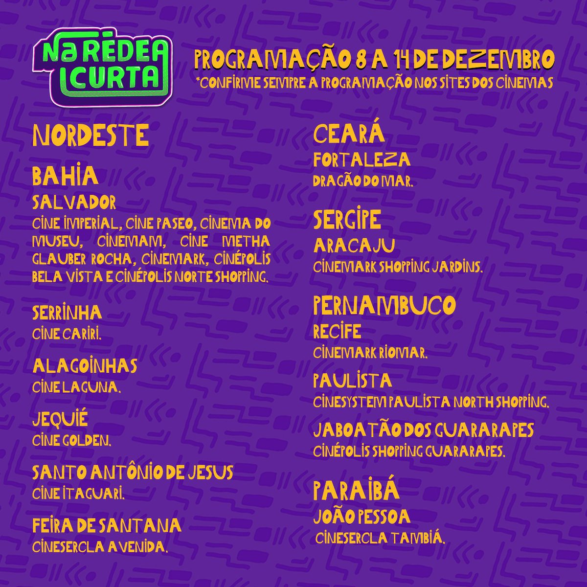 thiagodude's tweet photo. Programação do filme Na Rédea Curta de 8 à 14 de Dezembro. Entramos no ES também! Essa semana é decisiva pra gente, porque na próxima já estreia Avatar daí já sabe, né? Dá aquele RT esperto pra ajudar o corre da arte preta baiana! https://t.co/OyD2J6Zgc7