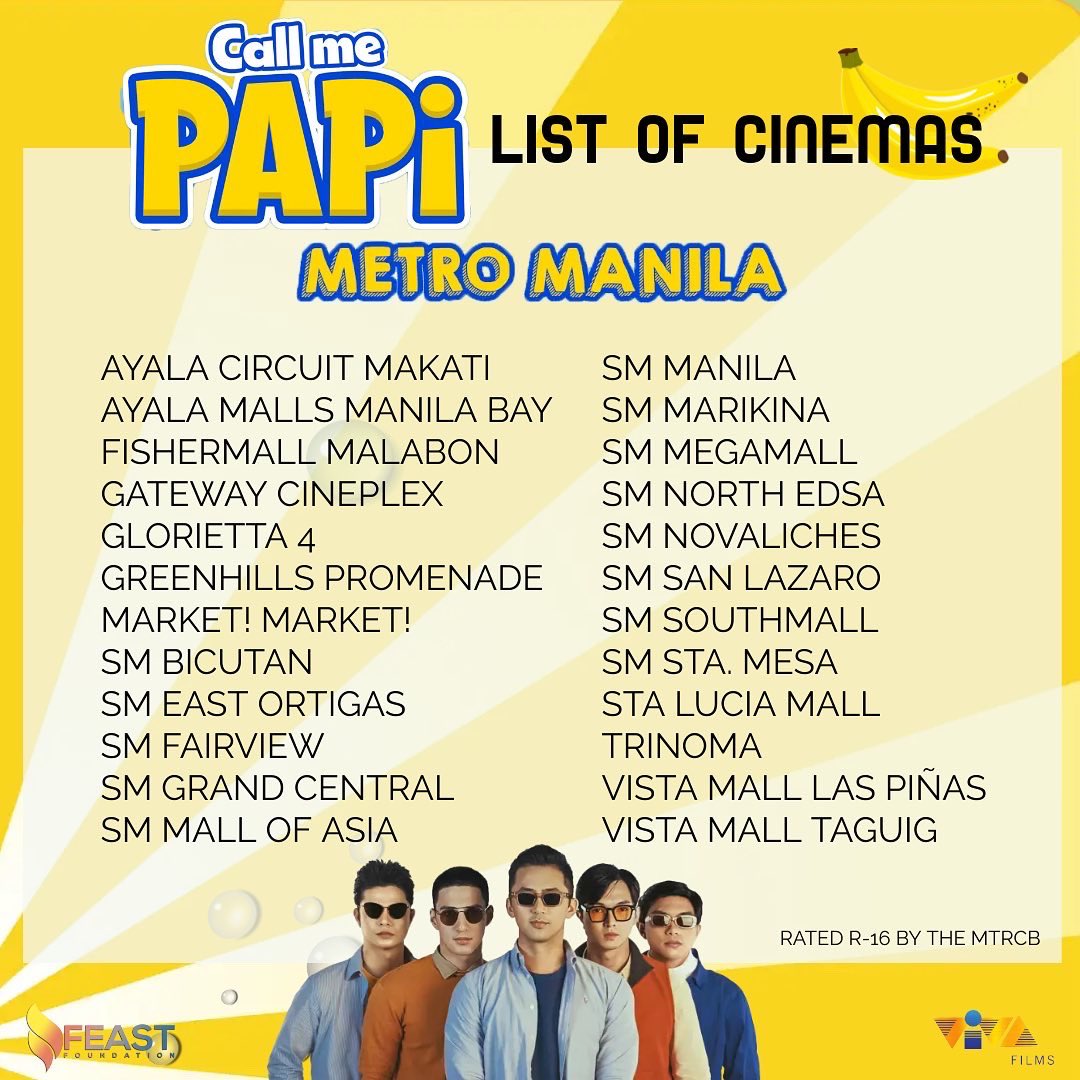 callmepapimovie's tweet photo. Walang pasok? Sugod na sa mga sinehan para manood ng #CallMePapi!
Here's the list of cinemas for today. Tag or mention us and use the hashtag #CallMePapiMovie when you watch. Isama ang barkada, umiyak at tumawa! https://t.co/6u88B9AGv1
