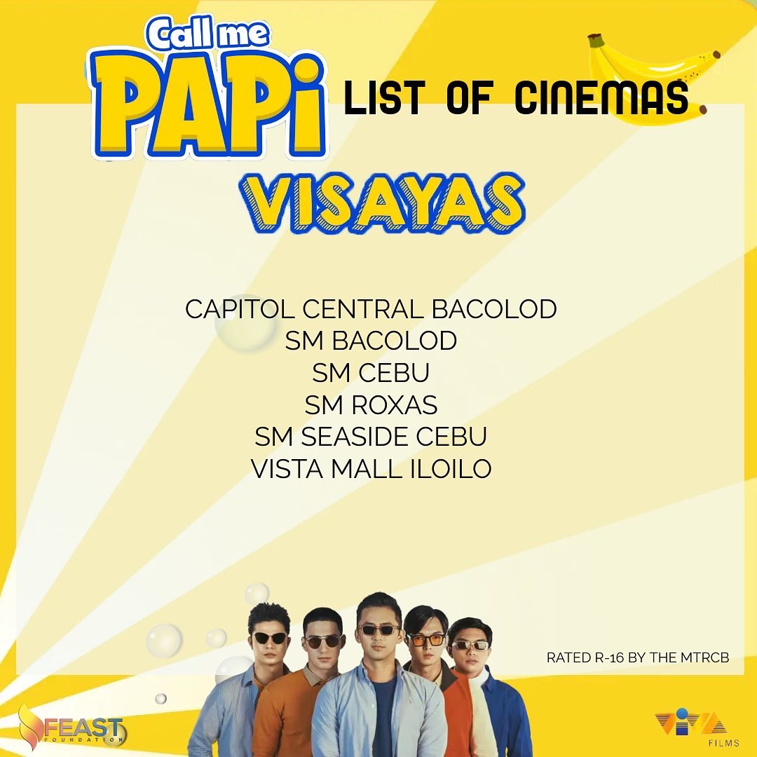 callmepapimovie's tweet photo. Walang pasok? Sugod na sa mga sinehan para manood ng #CallMePapi!
Here's the list of cinemas for today. Tag or mention us and use the hashtag #CallMePapiMovie when you watch. Isama ang barkada, umiyak at tumawa! https://t.co/6u88B9AGv1