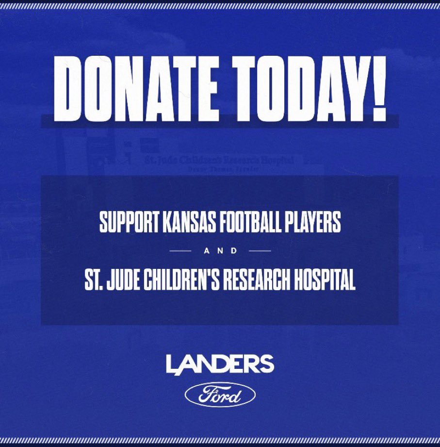 Jayhawk Fans! Memphis is the home of St. Jude Children’s Research Hospital. Link below to donate - half the money raised will go to <a href="/StJude/">St. Jude</a> and half to Kansas Football players supporting this campaign! Special thanks to <a href="/LandersFord/">Landers Ford</a> for the support! bit.ly/donateku
