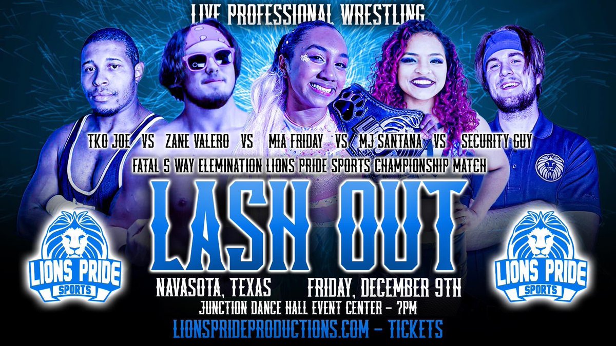 LionsPrideTX's tweet photo. After winning the LPS Championship in a Fatal Four Way Match, Mia Friday’s first defense as champ won’t be easy!

THIS FRIDAY she’ll defend her title against TKO Joe, Zane Valero, MJ Santana, and Security Guy in an Elimination Match! 

#LashOut TICKETS: 

https://t.co/39teWpKaHe https://t.co/1qWGsVtTNk