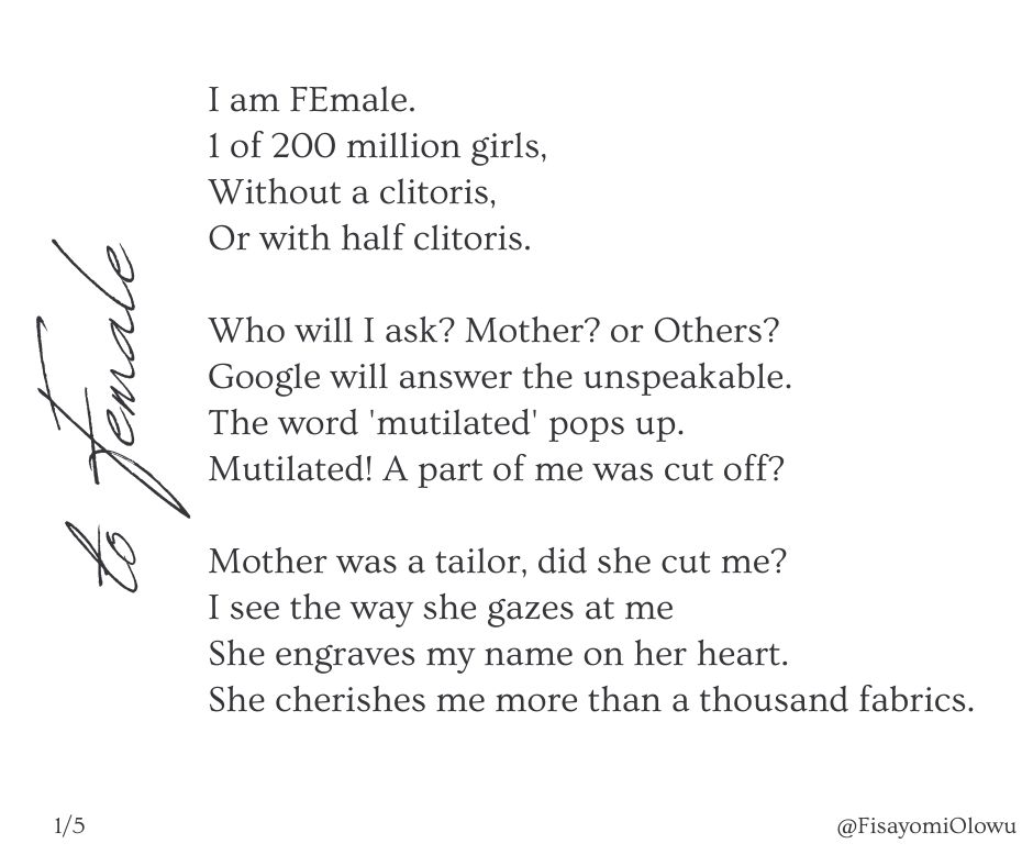 FisayomiOlowu's tweet photo. Hi Fam! Please take a minute to read through this poem and let me know your take away point at the comment section. 

Remember Female Genital Mutilation is an harmful traditional practice that has no benefit. 

Kindly follow and engage @HACEYHealth

#SpeakMyTruth
#NurseTwitter https://t.co/YpTAs39zQl