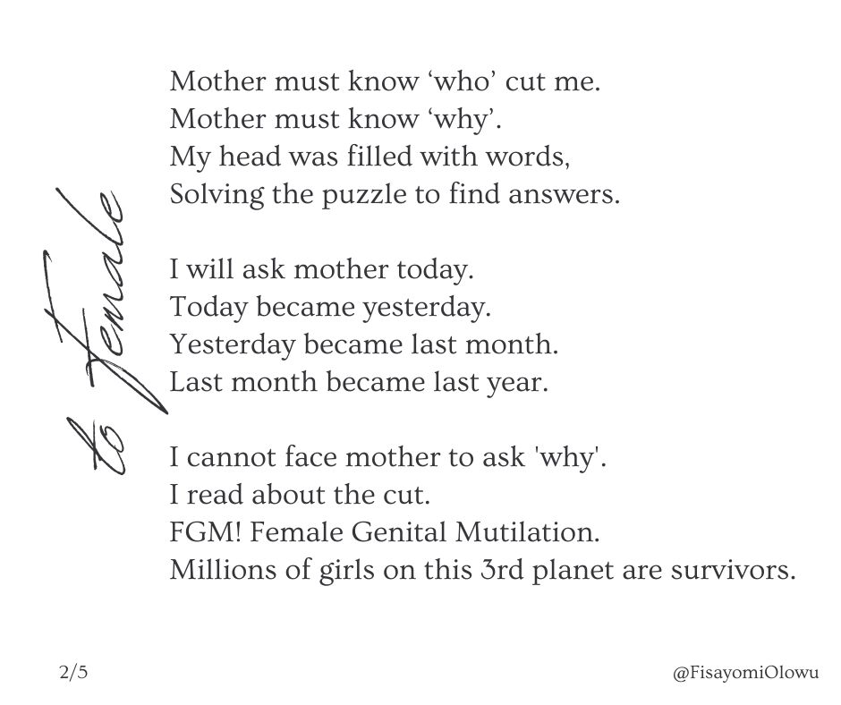 FisayomiOlowu's tweet photo. Hi Fam! Please take a minute to read through this poem and let me know your take away point at the comment section. 

Remember Female Genital Mutilation is an harmful traditional practice that has no benefit. 

Kindly follow and engage @HACEYHealth

#SpeakMyTruth
#NurseTwitter https://t.co/YpTAs39zQl