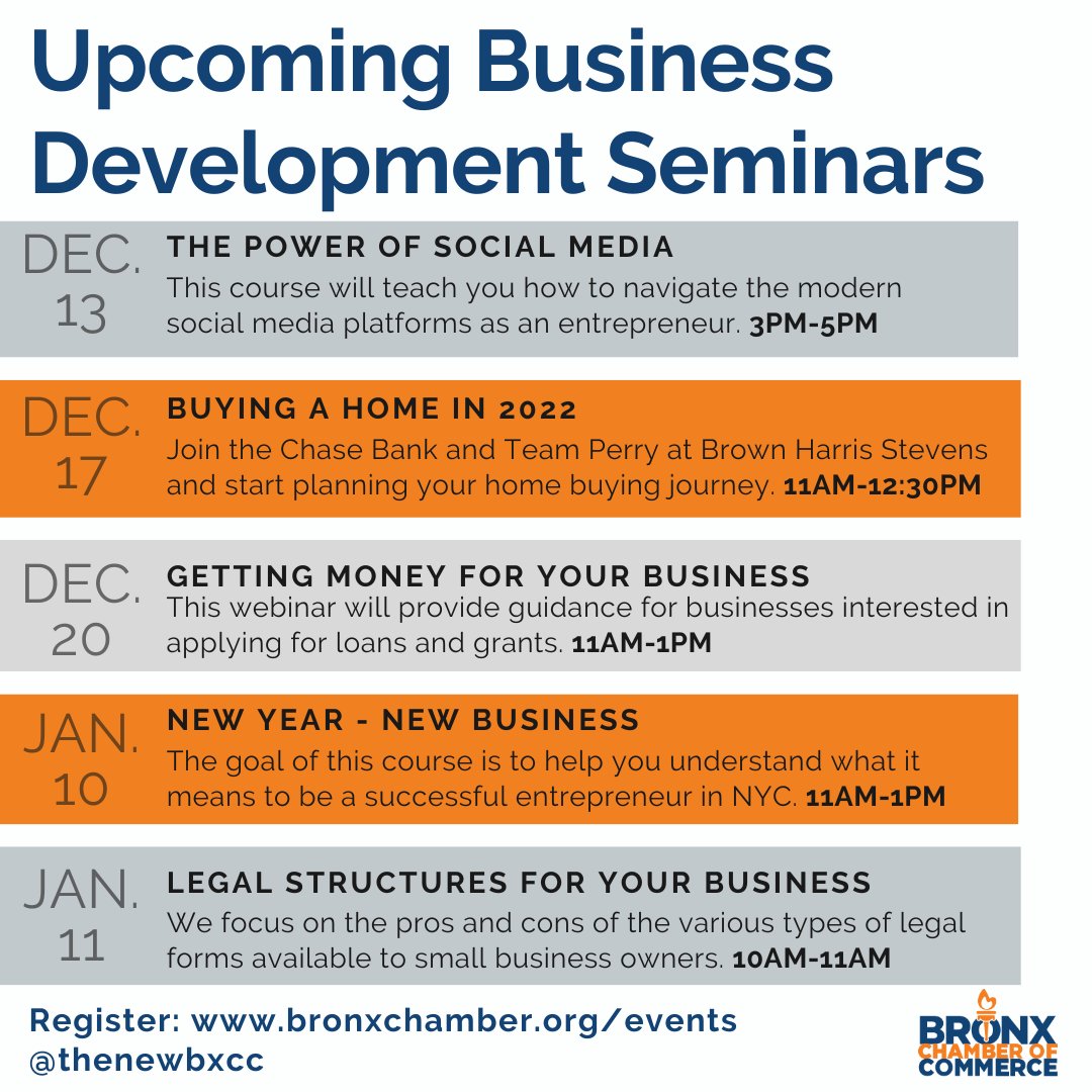 Have you worked on your business yet?

As we close 2022 and begin 2023 refocus your energy on your business and goals. Join <a href="/thenewbxcc/">The New Bronx Chamber of Commerce</a> &amp; <a href="/NYC_SBS/">NYC Department of Small Business Services</a> for these upcoming business development seminars.

Register: bronxchamber.org/events