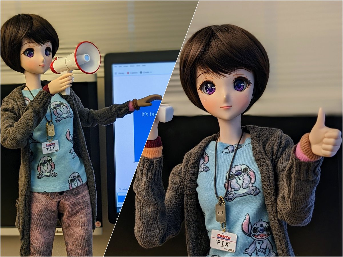 Supporting Retail during Holidays; Pix offers encouragement.. Loudly! 😅 #Pix #Smartdoll #BJD #actionfigure #bullhorn #supervisor #takecharge #geekGirl #madskills #work #hightech #virtual #cubicle #badge #cubelife #corporate #cubefarm #MiraiPNW  #dollphotography #balljointeddolls