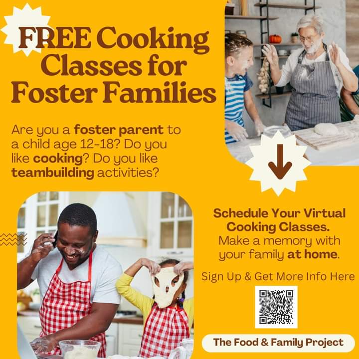 🧑🏽‍🍳🍽️💚 Seeking Foster Families for Virtual Cooking Classes!

Howdy, all. My friend is conducting her dissertation research and needs your help! She's seeking foster families w/children 12-18 yo to join a free virtual cooking course. Interested? Scan QR code below for more info.