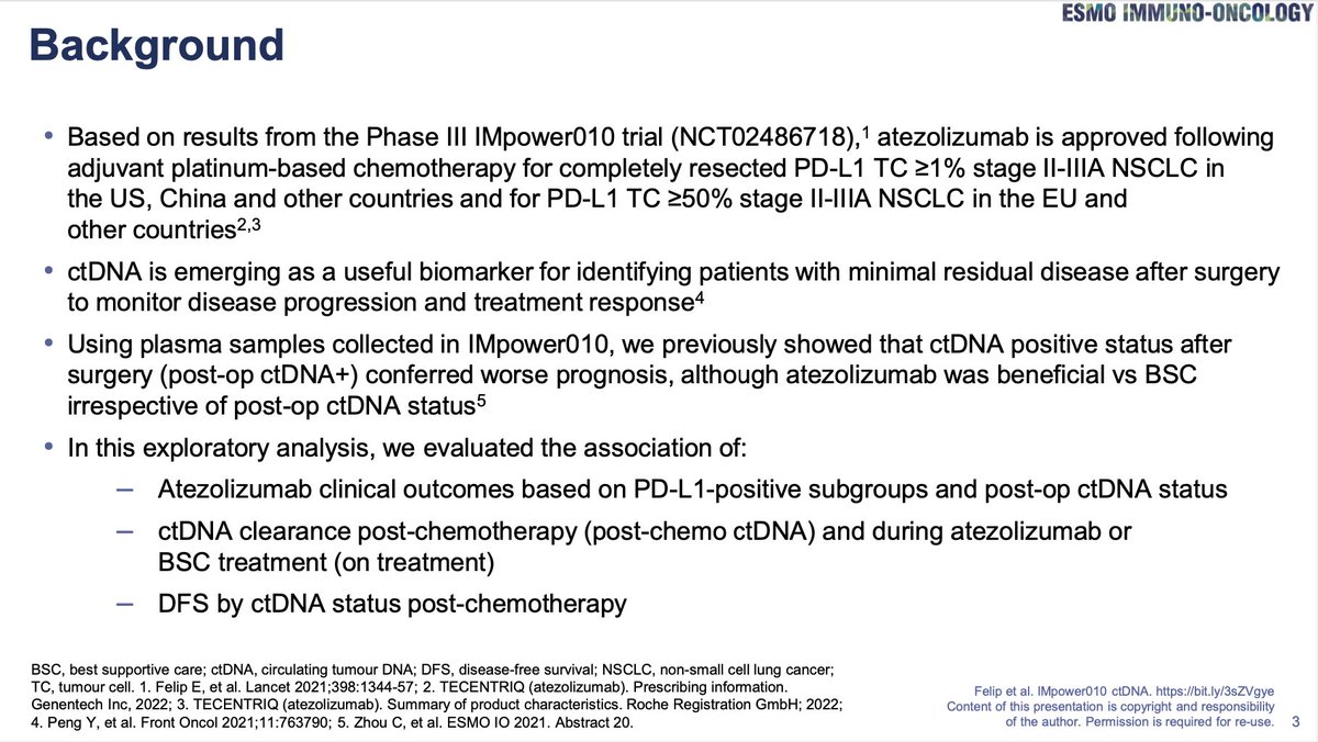 StephenVLiu's tweet photo. Nice update on ctDNA in IMp010 from #ESMOImmuno22 by Dr. @EnriquetaFelip. Atezolizumab is our FDA approved adjuvant option for resected stage II/III NSCLC with PDL1 ≥1% (≥50% for EMA). Here, we see more granularity on significance of detectable ctDNA post-surgery. https://t.co/sx7pkZgX5x