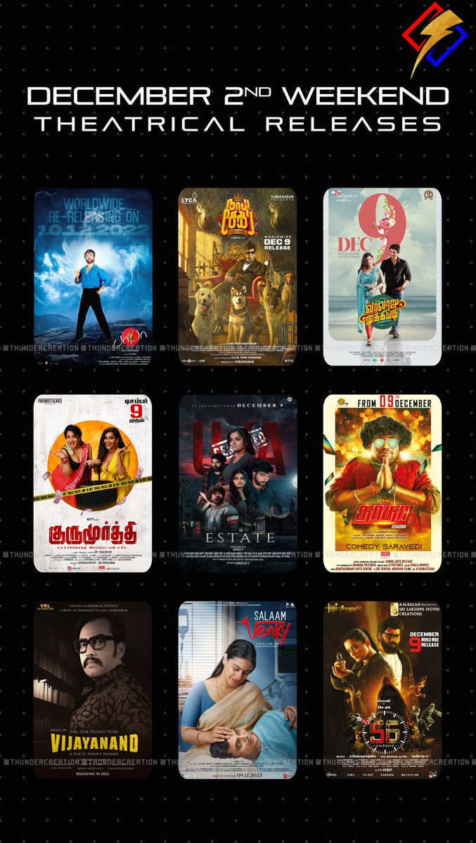 TBSTwizzle's tweet photo. December 2nd Weekend Theatrical Releasing Movies:
▪ #BaBaReRelease
▪ #NaaiSekarReturns
▪ #VaralaruMukkiyam
▪ #GuruMoorthy
▪ #Estate
▪ #DhaDha
▪ #VijayAnandMovie
▪ #SalaamVenky
▪ #DR56 https://t.co/MJTBEHafgH