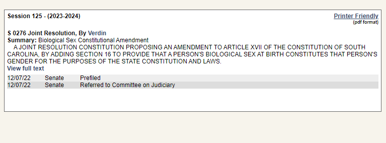 ErinInTheMorn's tweet photo. New bill in South Carolina would amend the constitution to define "gender" as "biological sex assigned at birth" for ALL laws/regulations.

This would kill ALL trans rights in SC. Gender birth certificates, drivers licenses, sports.

They also have an adult transition ban bill. https://t.co/pRpzawLbyH