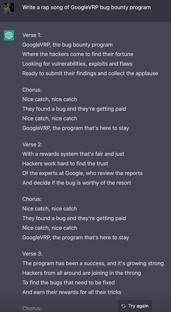 omespino's tweet image. #BugBounty @GoogleVRP rap song 🤣
@sirdarckcat