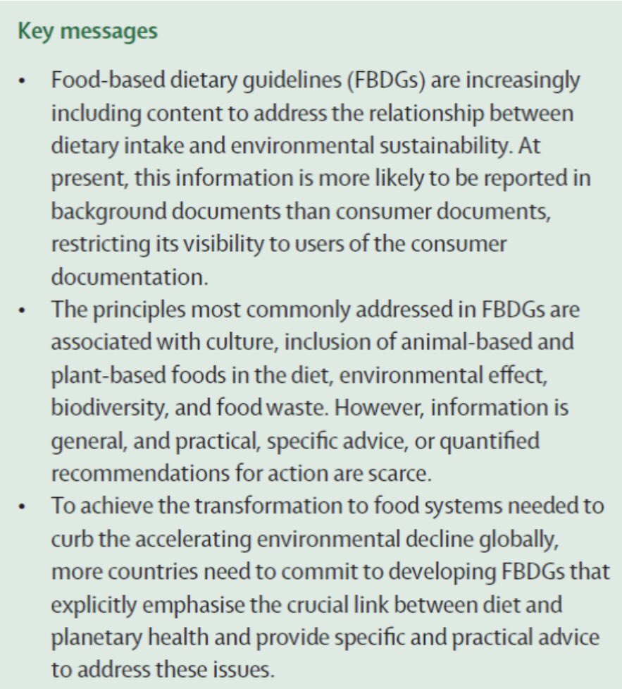 Global Review of Environmental Sustainability in Dietary Guidelines just out in Lancet Planetary Health tinyurl.com/4jubpfcp Thank you to @Genevievejame16 and our great team. Editor’s pick.