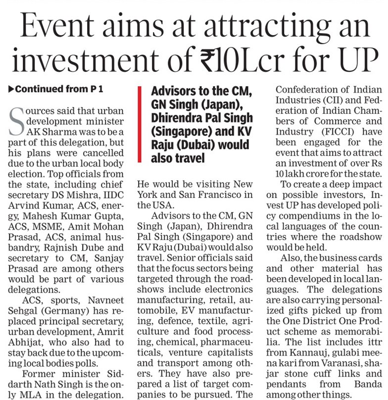 _InvestUP's tweet photo. Eight delegations of @UPGovt embarked on the journey to attract investment for #UttarPradesh through the UP #Global #Investor #Summit #roadshows
🔶Focus sectors: #electronics manufacturing, #automobile, #EV_manufacturing, #Defence, #textiles, #food_processing, #chemicals, #pharma https://t.co/lIFlWLxdwp