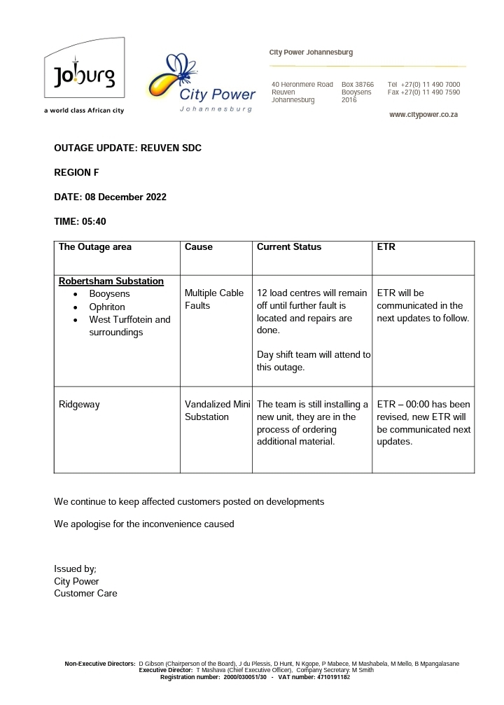 CityPowerJhb's tweet photo. Region F #ReuvenUpdate
#Ridgeway: Additional material is being ordered.
#RobertshamSub: Handed over. ^NT https://t.co/cElzPxKTUU
