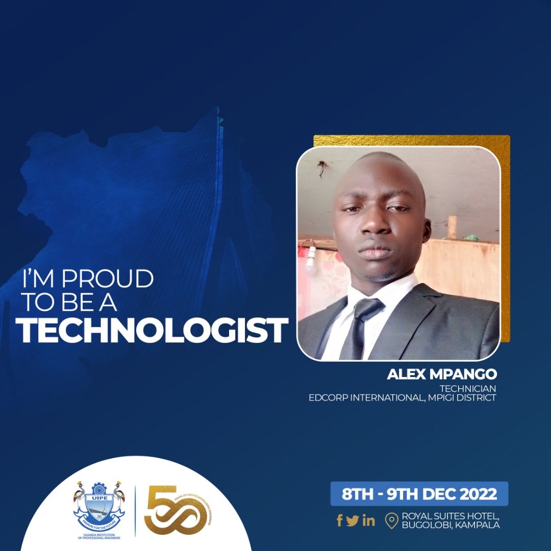 UIPE_Uganda's tweet photo. Alex Mpango is a proud Technologist and today we recognize him as we commence the National Technology Conference and Exhibition. 

He works at Edcorp International, Mpigi District.
#Technologists
#UIPEAt50 https://t.co/1r2G9ORbLL