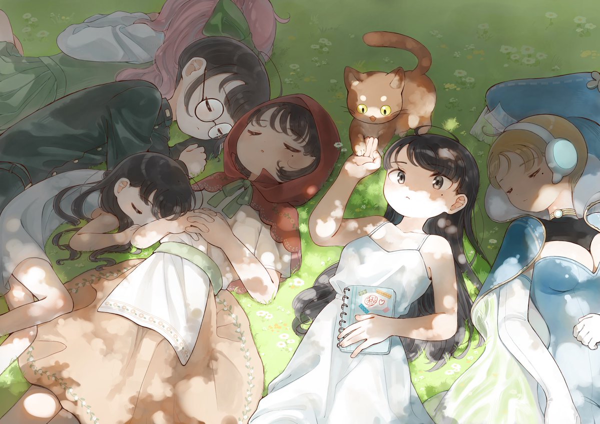 multiple girls dress sleeping lying mole long hair black hair  illustration images