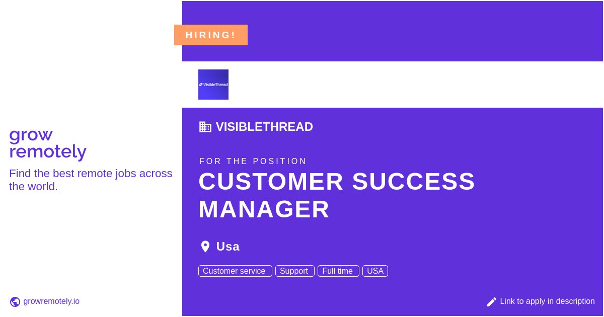 growremotelyio's tweet photo. Check out this job at VisibleThread for the position Customer Success Manager.

 Apply link: https://t.co/mvLiLYnfZj

#hiring #remotejobs #VisibleThread #CustomerSupport https://t.co/DvFZtNrcax