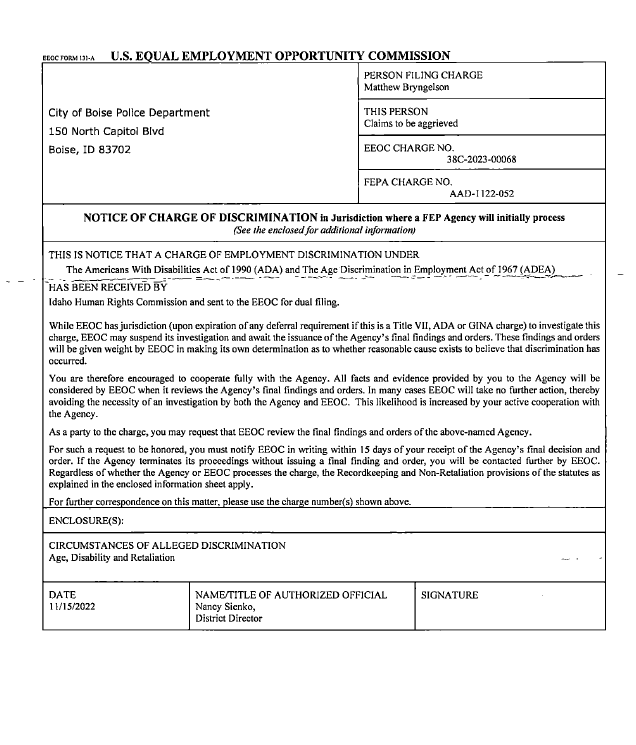 MorganRomeroTV's tweet photo. Former #BoisePolice Capt. Matthew Bryngelson (who filed complaint against former chief & is under fire for racist views) filed EEOC & ID Human Rights Commission complaint against BPD for discrimination & retaliation in Nov. We got docs last night & will have a story @10 on @KTVB https://t.co/TtfCo0tipb