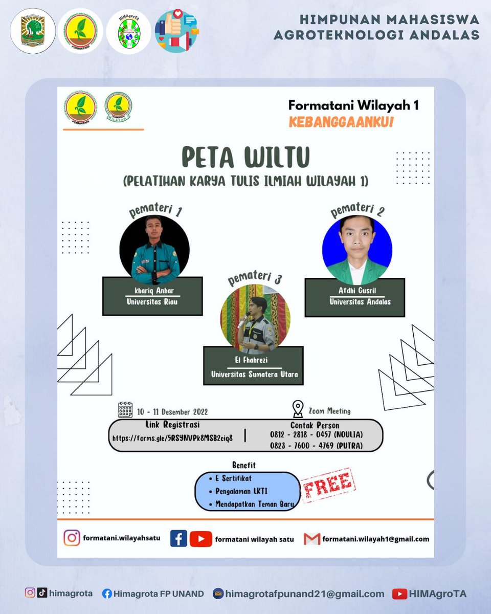 HIMAgroTAfess's tweet photo. [PETA WILTU- PETA WILTU]

Assalamualaikum Warahmatullahi Wabarakatuh 

Hallo, rekan-rekan Mahasiswa/i Seluruh Indonesia👋
Formatani wilayah satu 
Dengan bangga mempersembahkan: PETA WILTU "Pelatihan Karya Tulis Ilmiah Wilayah 1" https://t.co/RNXkV9OzRf