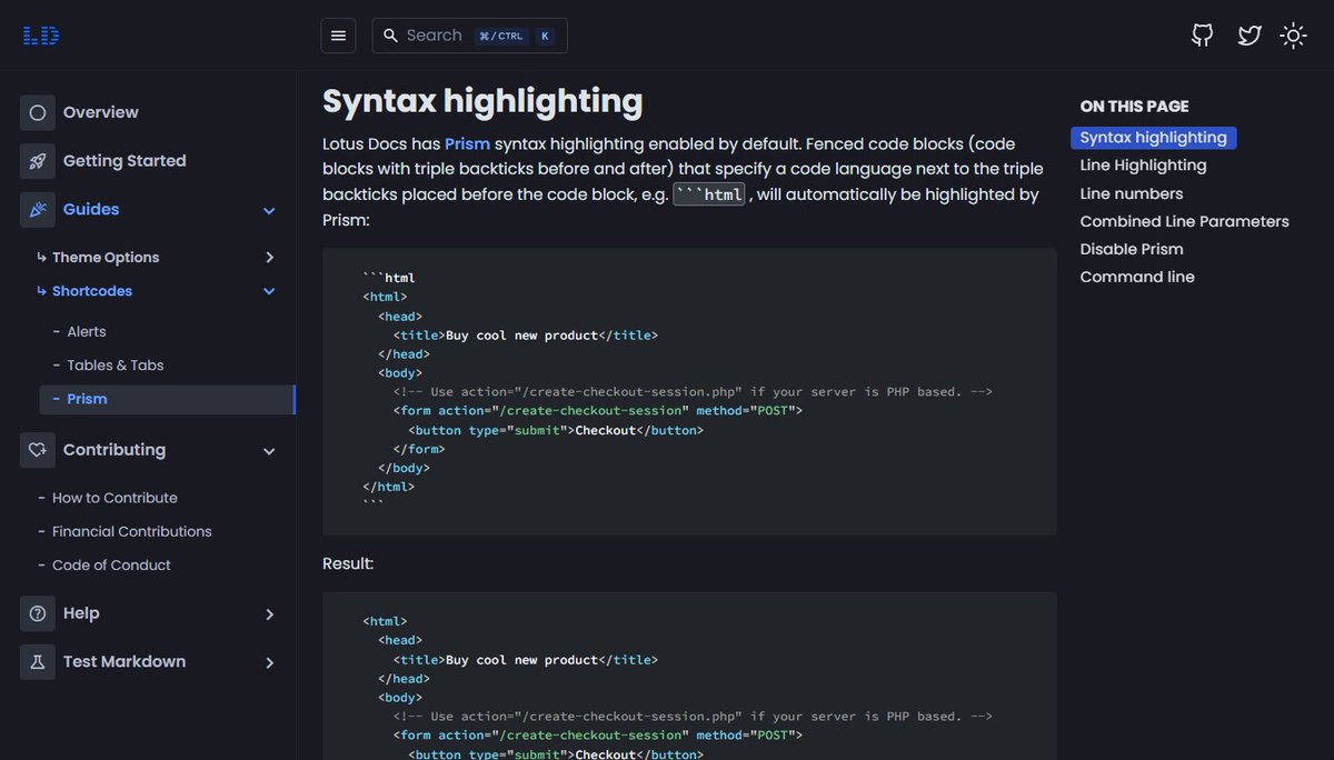 LotusDocs's tweet image. 🌑 Dark mode progress... (syntax highlighting of code blocks via @prismjs) #gohugo