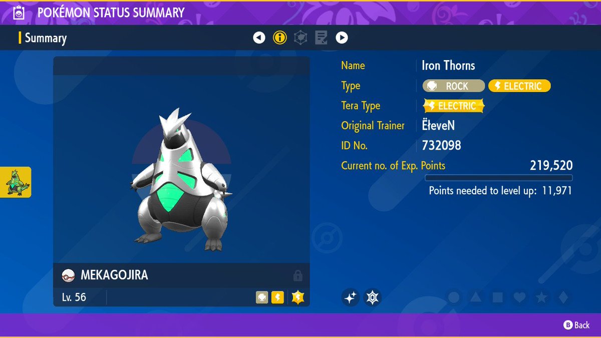 Still SRing for FireRed Snorlax since 1st April 2021 but i got this today! Full odds 1/4096 Iron Thorns and it looks so clean. My favorite Paradox for sure, of course i had to name it MEKAGOJIRA. Will try to hunt for Iron Valiant as I continue SRing for Sorlax 😮‍💨