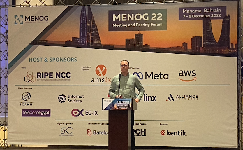 AMS_IX's tweet photo. It is day 2 of #MENOG22 today. We started the day with a presentation from our CTO Ruben van den Brink and we look forward to #networking with the #MENA #community. Stop by our booth to #talkpeering and have a delicious #stroopwafel! #Ourtreat! #peering https://t.co/3M0r8krn3d