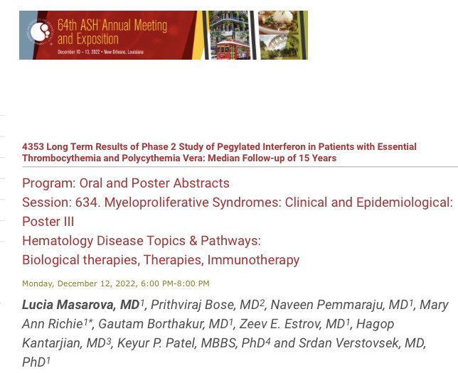 doctorpemm's tweet photo. #ASH22 | Dr Lucia Masarova @MDmasarova will present our group’s long-term results of pegylated #interferon in patients with ET & PV with median f/u now of *15 years* | #MPNSM https://t.co/7tPPY3Y9kb | #SergeVerstovsek @MDAndersonNews #endcancer @ASH_hematology https://t.co/ro9F4pfcaa