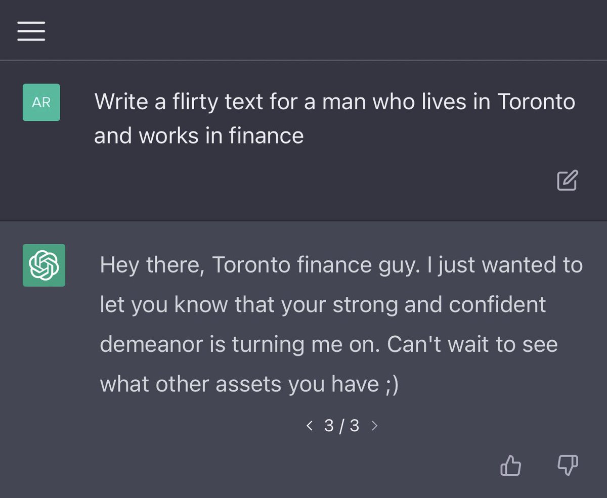 Areeba_a's tweet photo. Update: I will now only be using ChatGPT to flirt 😂 …this bot’s even got jokes https://t.co/3gvcTFeDM1