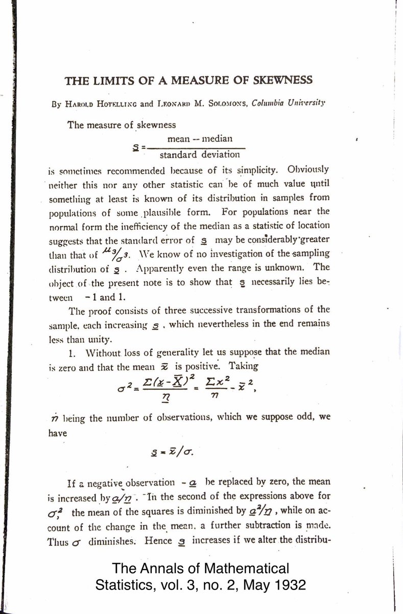 docmilanfar's tweet image. A most surprising &amp;amp; little-known results in statistics is that the mean (μ) and median (m) are within a std deviation (σ)

|μ−m| ≤ σ

for unimodal densities bound is even tighter

|μ−m| ≤ 0.7756 σ

This beautiful results first appeared in a 1932 paper by Hotelling &amp;amp; Solomons