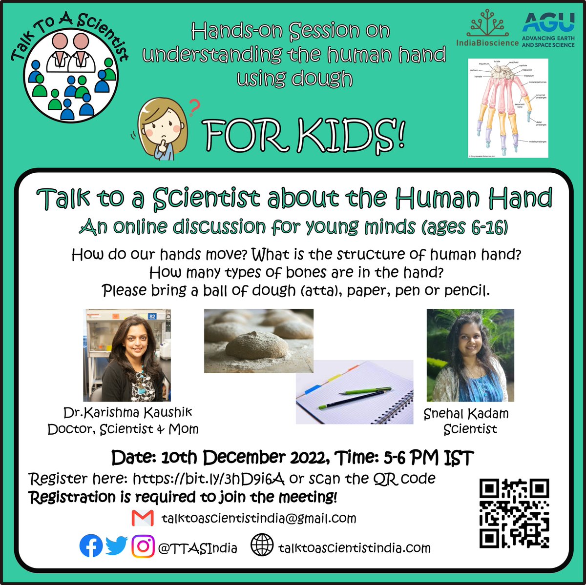 TTASIndia's tweet photo. You ‘dough’ not want to miss this session! Learn about the structure of our hand 🖐 with the TTAS co-founders👩🔬👩🔬!
📆: 10th December 2022
⏰: 5 p.m. IST
Register now: https://t.co/EtNKiKxpCS
#IOG #learnwithTTAS #science #scienceofyou #scicomm #scienceforkids #handsonactivity https://t.co/LuiWGhmuN2