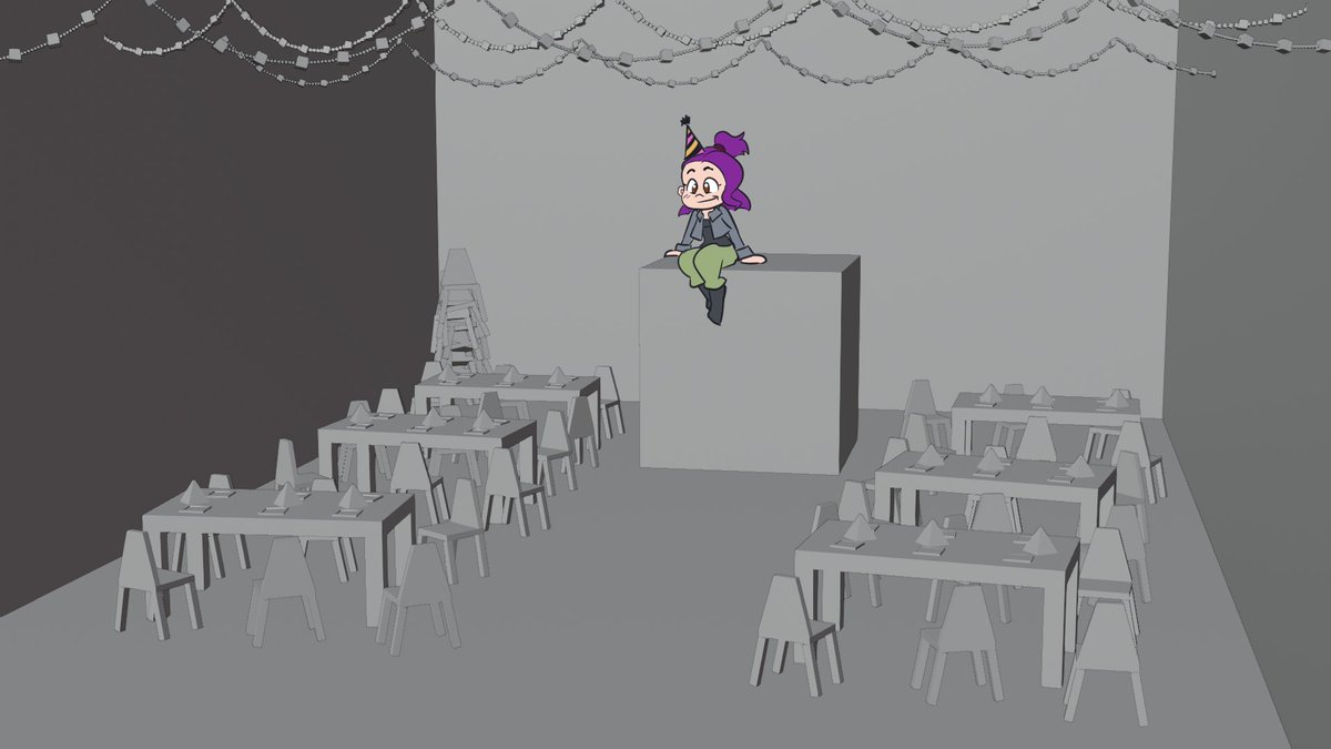 cawalexi's tweet photo. Copied my good buddy @Curzec and made a lil birthday party room (made of Blender default cubes) for my pals in the peg bar community to draw themselves in! Thanks to everyone who included themselves, it really does mean more to me than y'all know 💜 Happy big 30 to me! https://t.co/8vwRk4yg7O