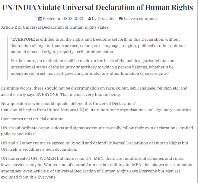 <a href="/MyNation_CKS/">MyNation_CKS 🇮🇳</a> <a href="/MyNation_nikhil/">Nikhil Suri</a> <a href="/RidhsShah/">Live life to the fullest</a> <a href="/PoonamM11738661/">P-Man</a> <a href="/MyNation_net/">MyNation Foundation</a> <a href="/Musheer59465033/">MyNation_Musheer</a> <a href="/UN/">United Nations</a> <a href="/UNHumanRights/">UN Human Rights</a> <a href="/UN_Women/">UN Women</a> <a href="/POTUS/">President Donald J. Trump</a> <a href="/MinistryWCD/">Ministry of WCD</a> <a href="/NCWIndia/">NCW</a> <a href="/narendramodi/">Narendra Modi</a> <a href="/KirenRijiju/">Kiren Rijiju</a> <a href="/BBC/">BBC</a> <a href="/latimes/">Los Angeles Times</a> <a href="/CNN/">CNN</a> <a href="/abcnews/">ABC News</a> <a href="/ABC/">ABC News</a> <a href="/FoxNews/">Fox News</a> <a href="/aajtak/">AajTak</a> <a href="/ndtvindia/">NDTV India</a> <a href="/nytimes/">The New York Times</a> <a href="/timesofindia/">The Times Of India</a> <a href="/10DowningStreet/">UK Prime Minister</a> <a href="/CanadianPM/">Prime Minister of Canada</a> <a href="/UNICEFIndia/">UNICEF India</a> <a href="/UNESCO/">UNESCO 🏛️ #Education #Sciences #Culture 🇺🇳</a> <a href="/unwomenindia/">UN Women India</a> <a href="/IndiaUNGeneva/">India at UN, Geneva</a> <a href="/UNWomenWatch/">UN Women Watch</a> <a href="/Unwomen/">Maria A Reed Stacey</a> <a href="/sharmarekha/">Rekha Sharma</a> <a href="/rashtrapatibhvn/">President of India</a> <a href="/RijijuOffice/">Office of Kiren Rijiju</a> <a href="/UNGeneva/">United Nations Geneva</a> UN/INDIA Violate Universal Declaration of Human Rights mynation.net/voice/violate/ <a href="/UN/">United Nations</a> <a href="/UNGeneva/">United Nations Geneva</a> <a href="/UNHumanRights/">UN Human Rights</a> <a href="/KirenRijiju/">Kiren Rijiju</a> <a href="/narendramodi/">Narendra Modi</a> <a href="/AmitShah/">Amit Shah</a> <a href="/PMOIndia/">PMO India</a> <a href="/HMOIndia/">गृहमंत्री कार्यालय, HMO India</a> <a href="/vivekagnihotri/">Vivek Ranjan Agnihotri</a> <a href="/NCWIndia/">NCW</a> <a href="/MinistryWCD/">Ministry of WCD</a>
#MensRightsHumanRights 
#MensRightsHumanRights 
#MensRightsHumanRights