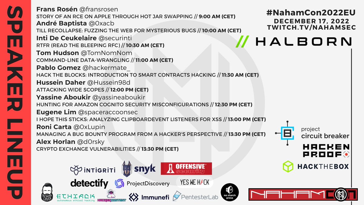 NahamSec's tweet image. NahamCon2022 EU is in 9 days! hosted by @InsiderPhD and @Farah_Hawaa with amazing talks from @fransrosen, @securinti, @spaceraccoonsec,  @HusseiN98D, @TomNomNom, and more! 

CTF 👉🏼 ctf.nahamcon.com (Hosted by @_JohnHammond) 
Schedule 👉🏼 nahamcon.com
