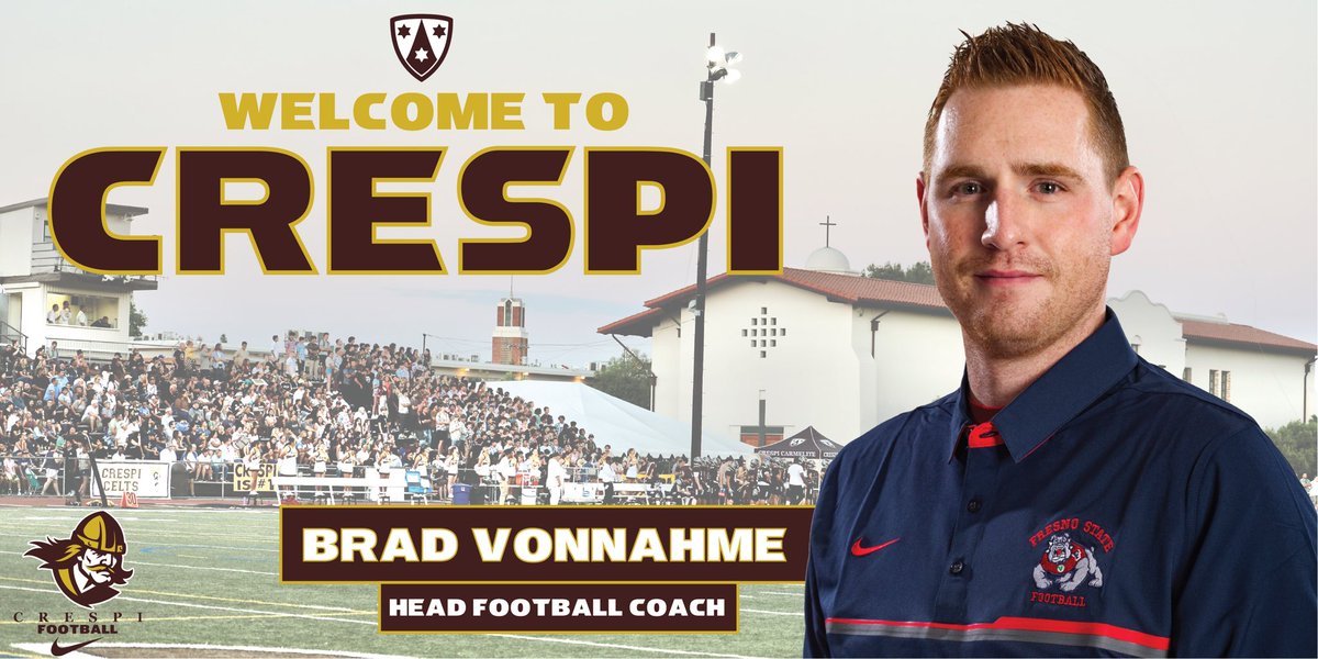 Crespi announces Brad Vonnahme as Head Football Coach. Brad began his career as a student manager for the Nebraska, coached at Wayne State, Midland University, University of Hawaii, Utah State, he was recently the Defensive Quality Control for Fresno State. #CeltPride