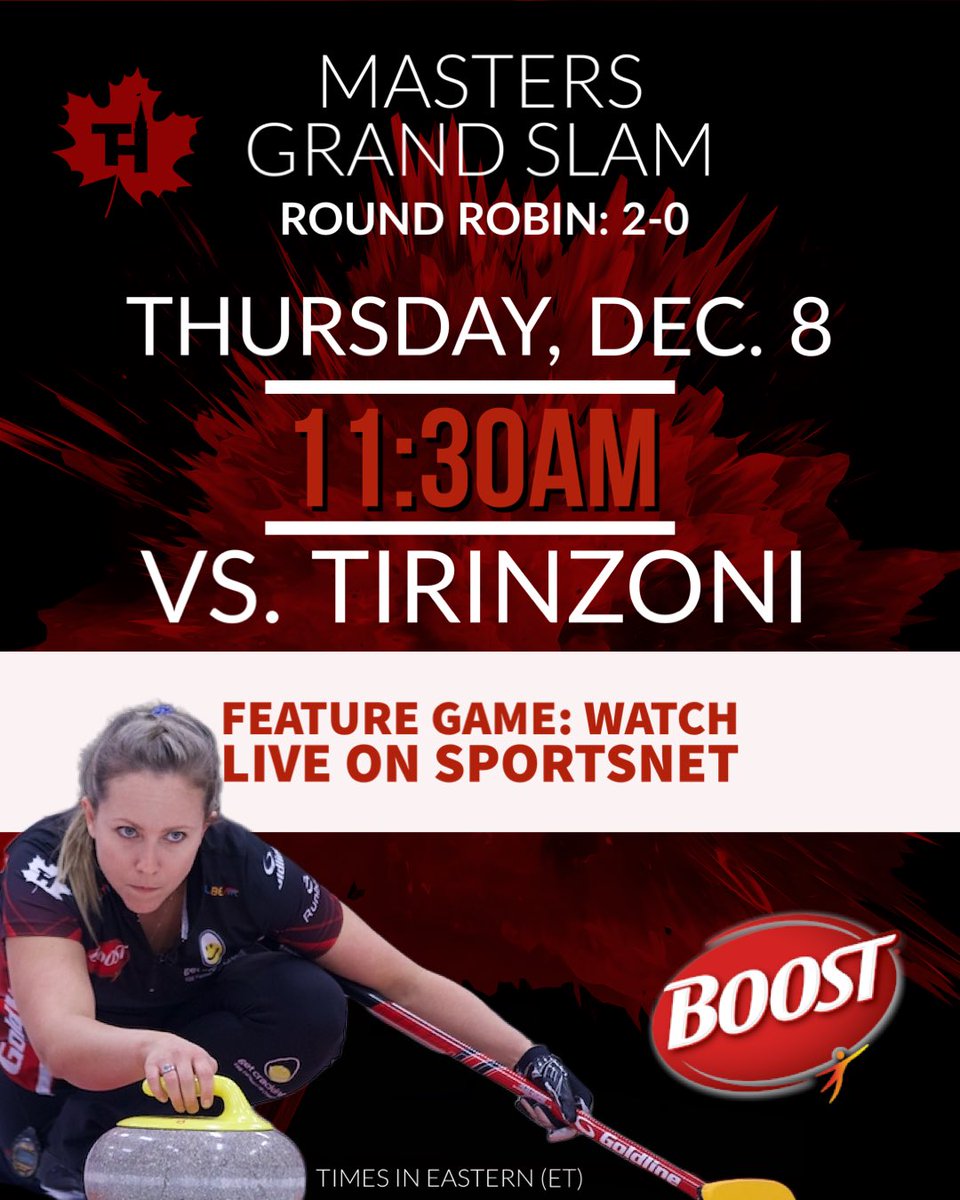 🚨FEATURE GAME
----------------------

🆚 Team Tirinzoni
📍 Oakville, ON 🍁
🕦 11:30AM ET 🇨🇦 
📺 <a href="/Sportsnet/">Sportsnet</a> 
📺 <a href="/yaresports/">YAREtv</a> 
💻 <a href="/grandslamcurl/">Grand Slam of Curling</a>
✌️ #StayWeird