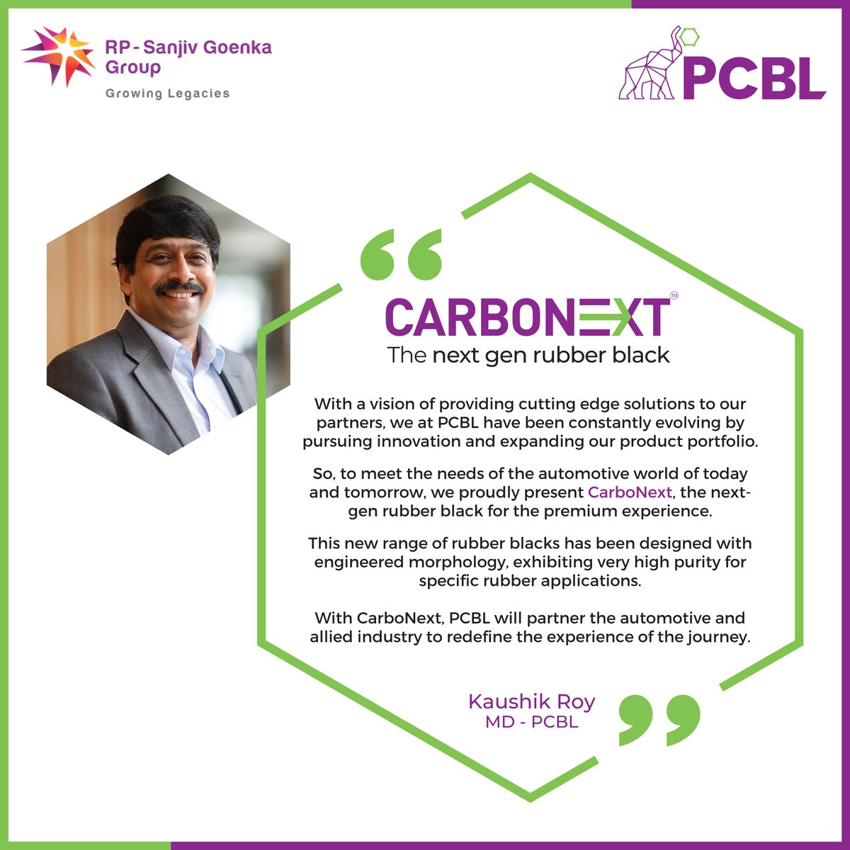 PCBLChemical's tweet photo. Mr. Kaushik Roy (MD) talks about our new rubber black brand CarboNext in this latest edition of Leader Speak.
#automotiveindustry #automotive #tyres #rubberblack #carbonblack #brand #carbonext #PCBL #leader #leaderspeak #touchinglives #resolvetoevolve #RPSGGroup https://t.co/qZEKZQ6GCI