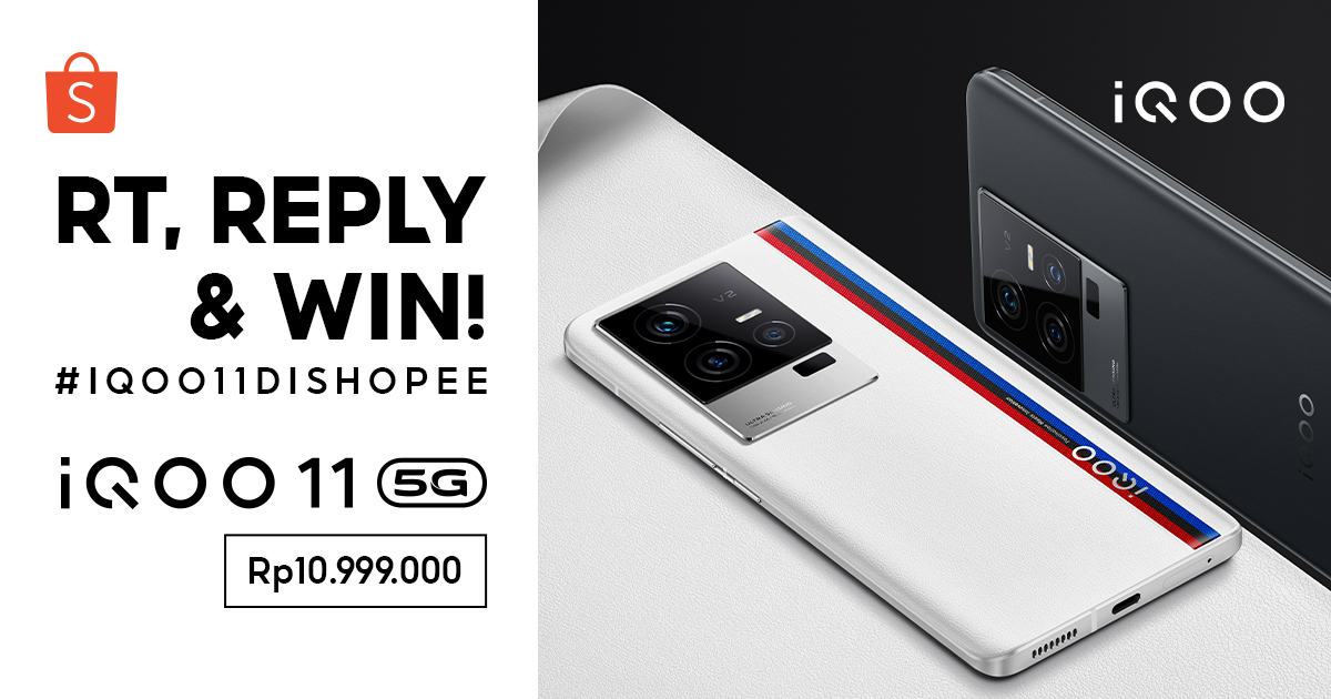 ✨ GIVEAWAY SMARTPHONE 11 JUTA ✨
 
Hari ini mimin &amp; iQOO mau giveaway iQOO 11 5G nih. Caranya:

1. FOLLOW @shopeeid
2. RT &amp; LIKE tweet ini
3. REPLY "#iQOO11diShopee &amp; #iQOO11" SEBANYAK-BANYAKNYA

Good luck 🎉