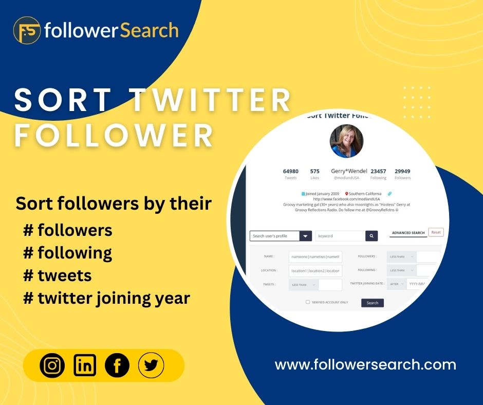 SearchFollower's tweet image. FollowerSearch is one of the best tools to #SortTwitterFollower. You can #sort your follower on basis of their follower, following, location, tweet count, twitter account age and many more.

Visit - followersearch.com

#followersearch #SortTwitterFollower