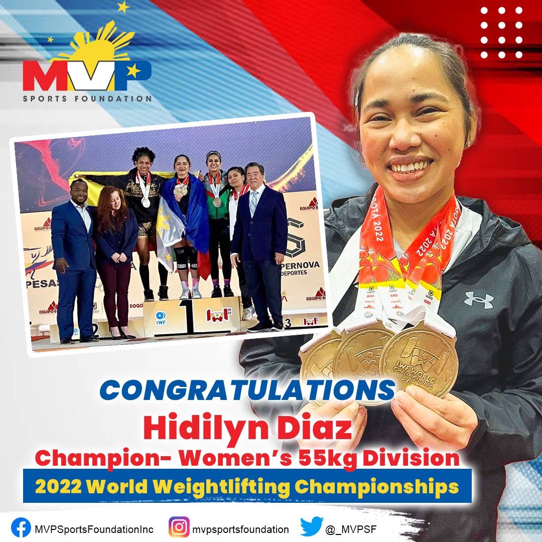 🥇SEA Games. 
🥇ASIAN Games. 
🥇Asian Championships
🥇OLYMPICS 

And now a WORLD CHAMPION. 🥇👑

Congratulations, HD! 🏋🏻‍♀️🥇🇵🇭

Follow us on our social media handles! IG/FB/Twitter👉🏼 mvpsfph 

#TungoSaGinto #Husay #TuloyAngLabanTuloyAngSuporta